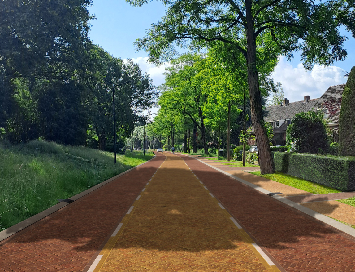 Een visualisatie van hoe de Meentzoom er na de herinrichting uit komt te zien. Op de abeelding is een deel van de Meentzoom in die richting van de Schapendrift te zien. Aan de rechter kant van de weg ligt een verhoogde stoep. Aan beide kanten van de weg is een fietspad met rode klinkers. In het deel tussen de fietspaden in liggen oranje klinkers.